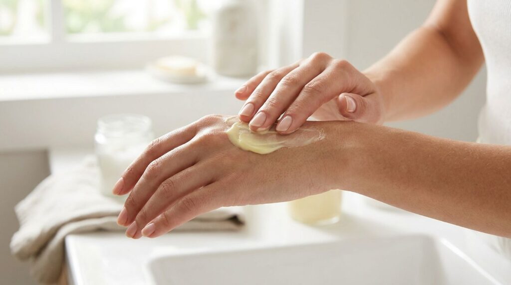 Hands being gently massaged with the DIY remedy showing a light creamy texture being absorbed into the skin