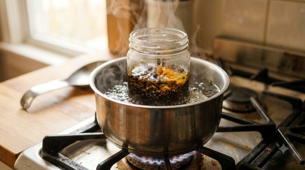A close-up of a glass jar filled with baby oil and various natural ingredients like coffee grounds cloves and turmeric g