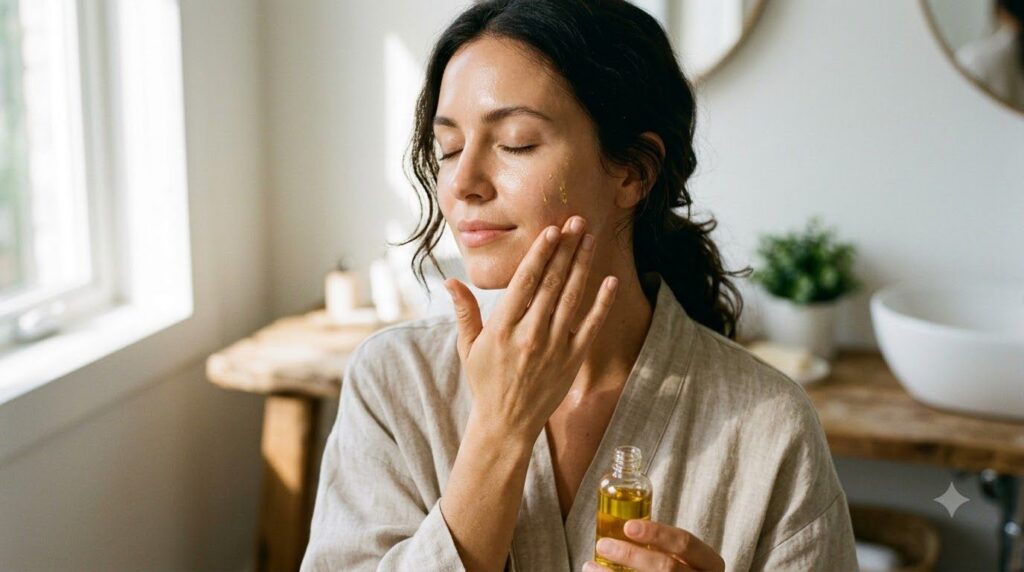 A woman gently massaging the infused baby oil blend onto her face with a soft glowing complexion