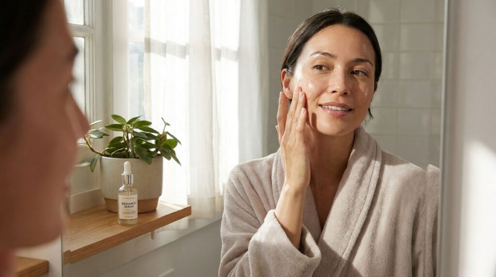A woman gently applying a few drops of serum to her face massaging it in