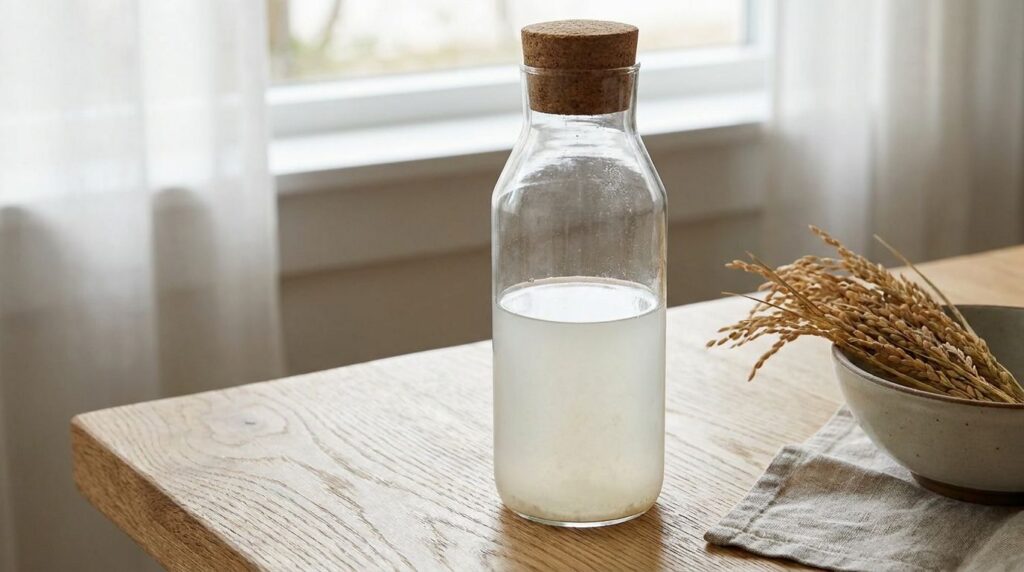 A clear glass bottle filled with a cloudy white rice serum with a few rice grains near it