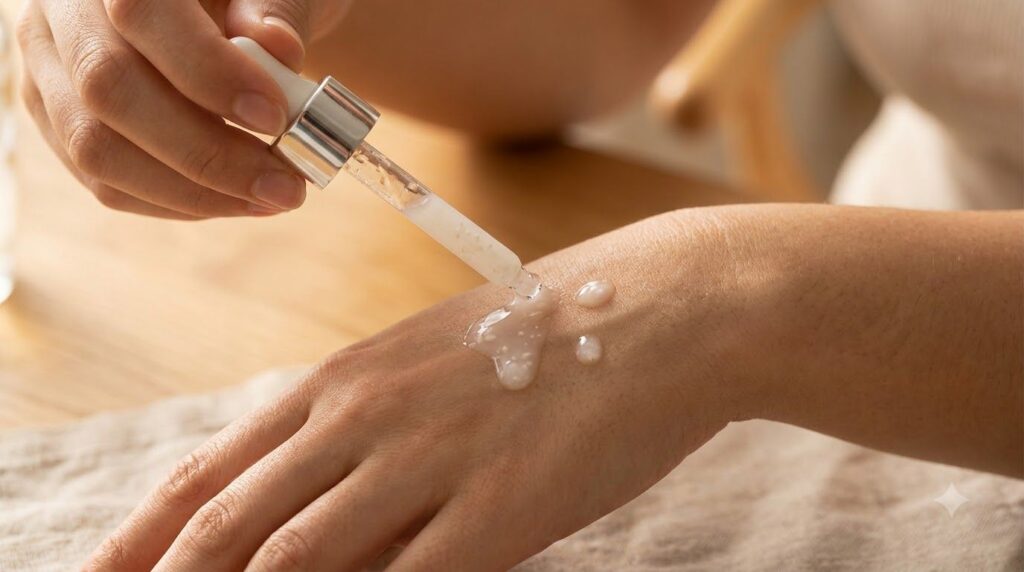 A close-up of a hand gently applying rice serum with a dropper onto the back of another hand showing the milky texture o