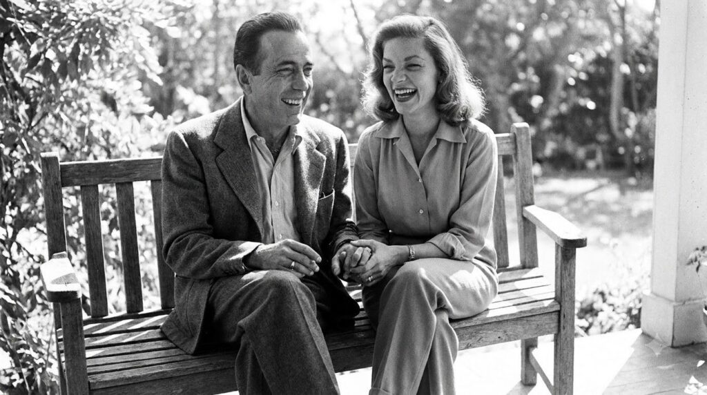 A black and white candid photo of Humphrey Bogart and Lauren Bacall laughing together off-set showing genuine affection