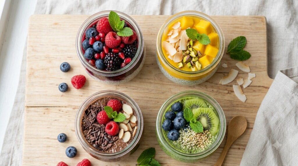 Four different chia puddings in glass jars showing distinct layers and colors such as berry mango chocolate and matcha E