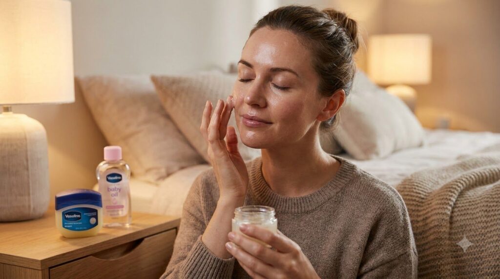A woman gently massaging the Vaseline and baby oil mixture onto her face before bedtime with a soft warm glow in a bedro