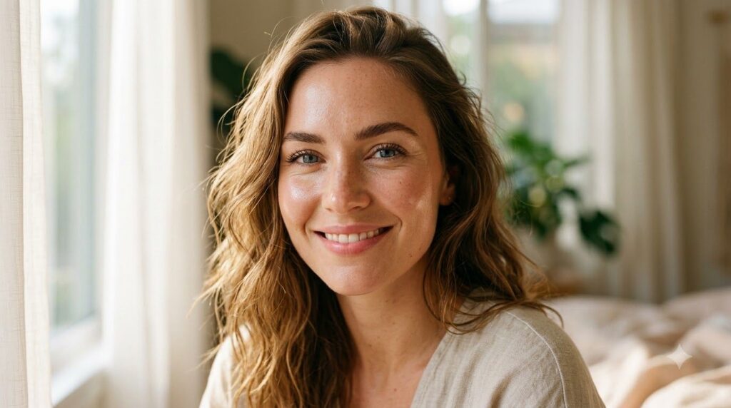 A close-up of a woman s face in the morning showing soft hydrated and glowing skin with a natural and fresh look