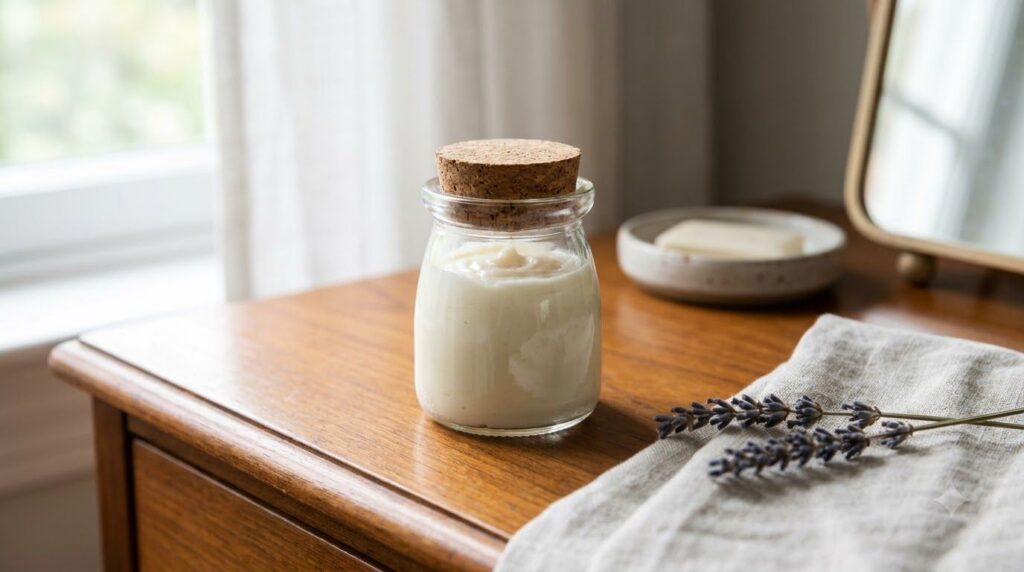 Close-up of a small glass jar filled with the prepared DIY hand balm with a soft glowing background indicating fresh moi