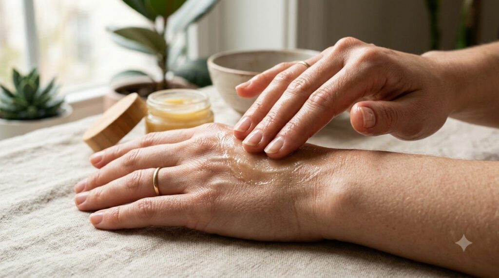 Hands gently massaging a small amount of the DIY Vaseline and oil balm onto the back of one hand showing smooth hydrated