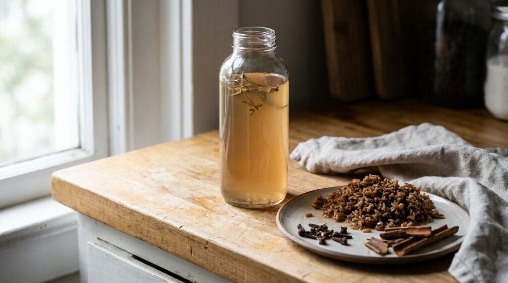 A clear glass bottle filled with the light brown infused facial rinse next to the strained rice cloves and cinnamon soli