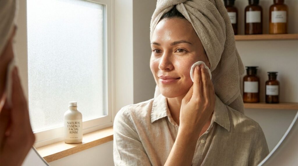 A woman gently applying a liquid facial rinse to her cheek with a cotton pad showcasing smooth and radiant skin