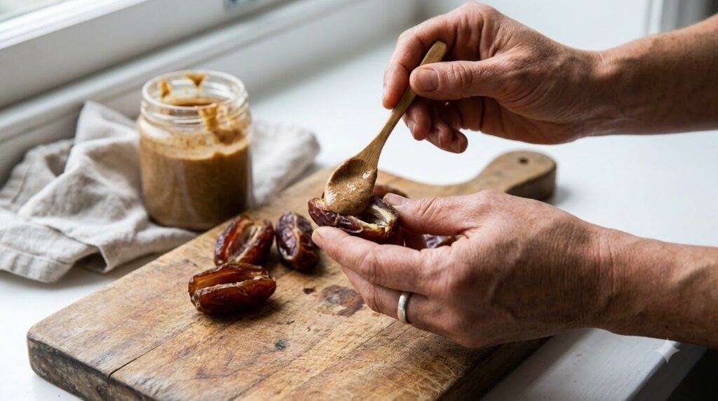 A person s hands preparing dates perhaps stuffing them with nut butter or pitting them on a clean wooden cutting board T