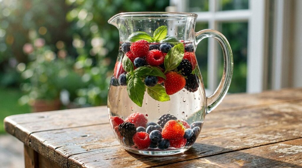A clear pitcher of berry and basil infused water showcasing vibrant mixed berries and green basil leaves in the water