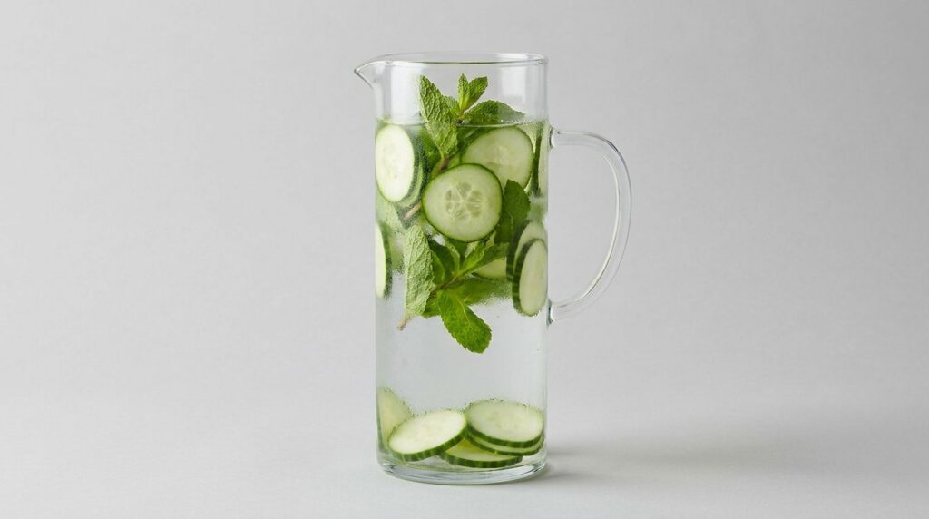 A tall glass pitcher of cucumber and mint infused water with cucumber slices and fresh mint leaves floating in it on a c