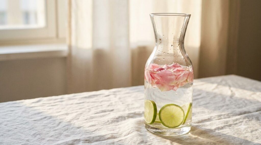 A stylish glass carafe filled with rose and lime infused water with floating rose petals and lime slices in a soft invit
