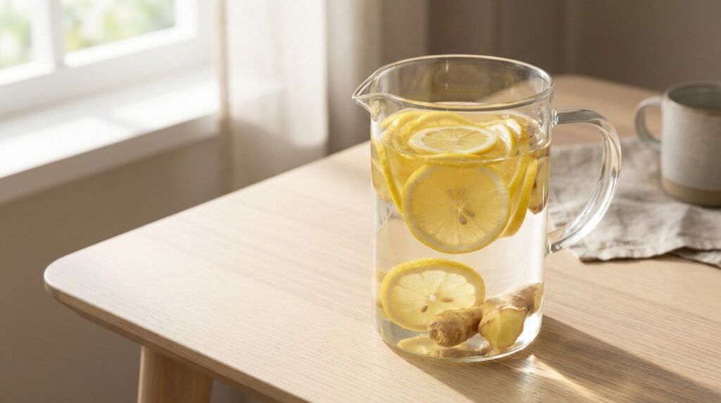 A clear glass pitcher filled with lemon and ginger infused water with thin slices of lemon and ginger root visible place