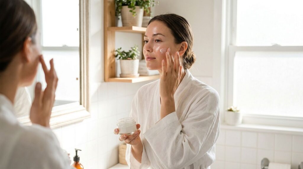 A woman applying a gentle hydrating moisturizer to her face smiling softly Her skin looks healthy and glowing
