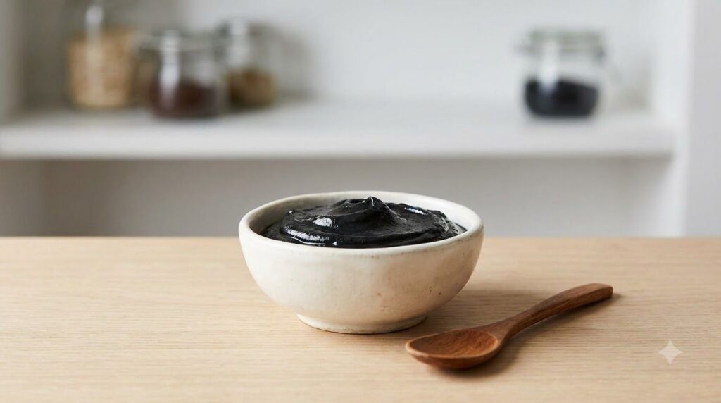 A small clean non-metallic bowl containing a freshly mixed black paste made from activated charcoal Vaseline and baby oi