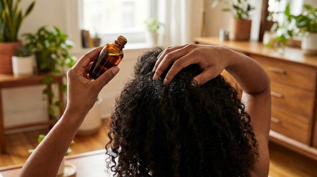 A person s hand gently massaging the homemade black oil into their scalp and hair showing the application process
