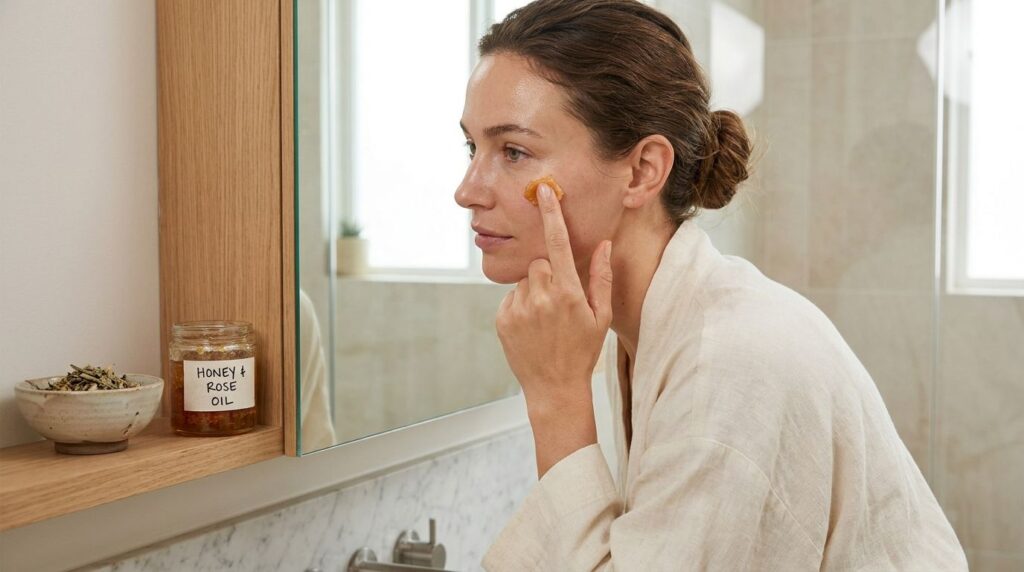 A woman gently applying a small amount of a homemade mixture to a fine line under her eye with her fingertip in a soft b