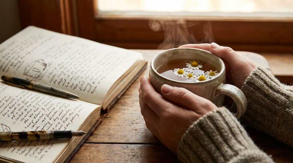 A close-up of hands holding a warm mug of herbal tea next to a notebook with thoughtful scribbles