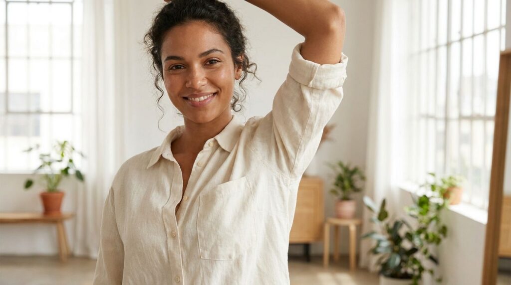 A woman confidently raising her arm showing clear healthy underarm skin smiling softly in a bright setting