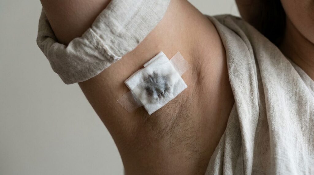 Close-up of a person s underarm with a small circular cotton pad secured with medical tape over an imagined wart or skin