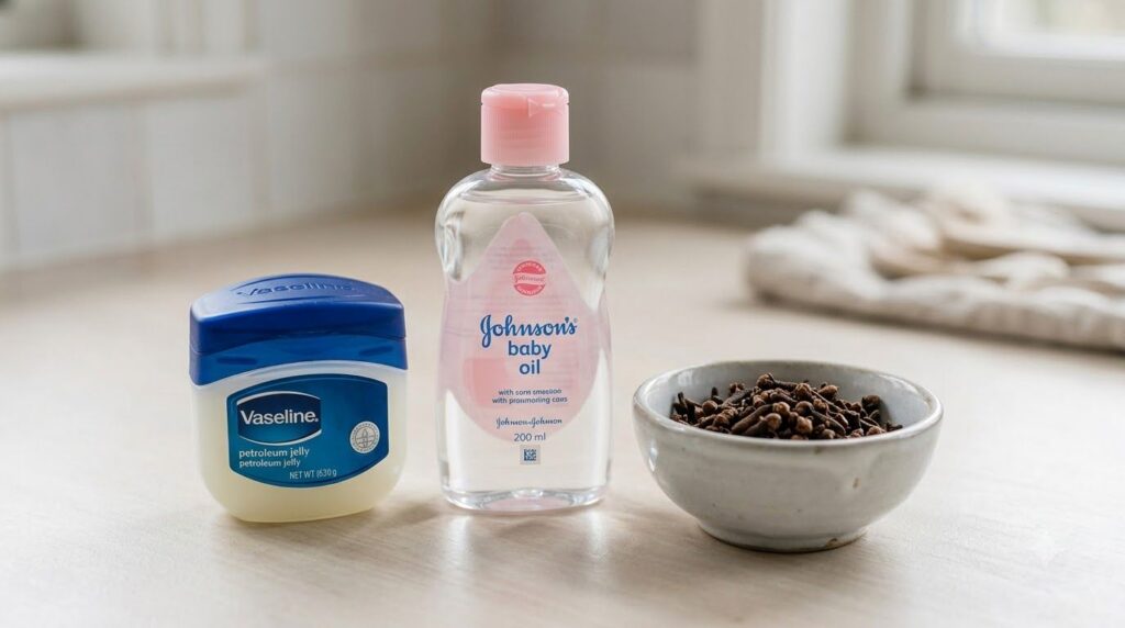 Ingredients laid out on a clean surface a jar of Vaseline a bottle of baby oil and a small bowl of whole cloves