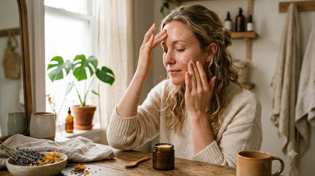 A woman gently massaging a small amount of the homemade balm onto her face focusing on her forehead and cheekbones with 