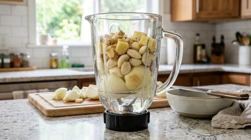 A blender containing chopped ginger garlic and onion with some water ready to be blended