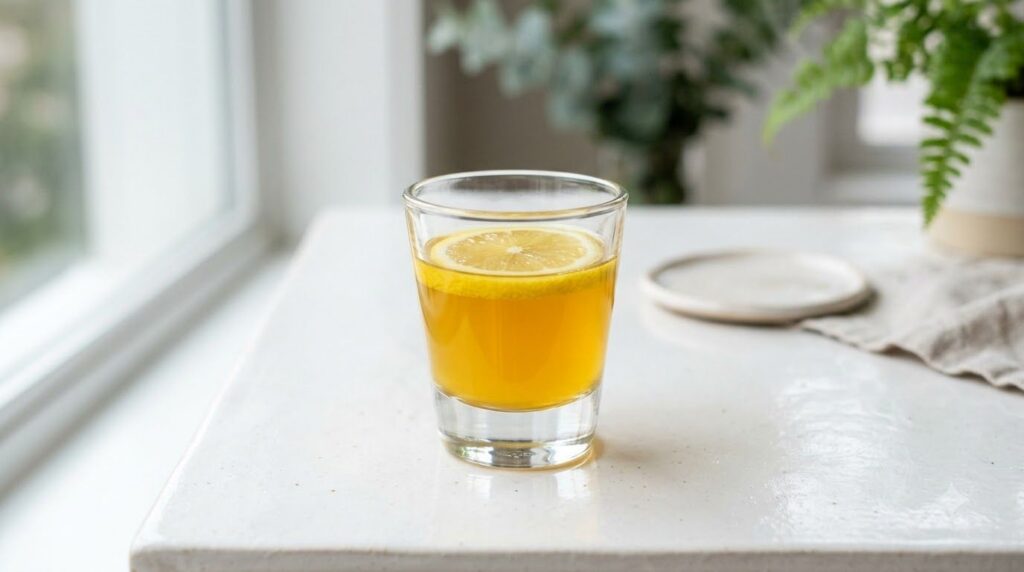 A small glass shot of the finished golden wellness tonic perhaps garnished with a thin lemon slice or a tiny piece of gi