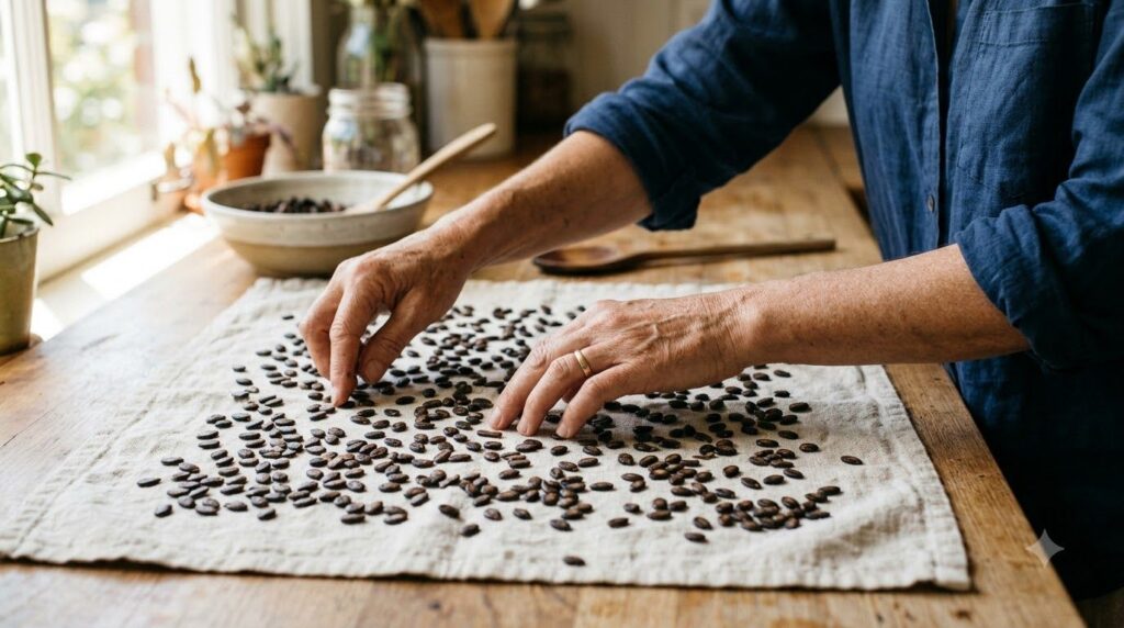 A person inspecting clean raw watermelon seeds spread on a towel ensuring they are completely dry before preparation