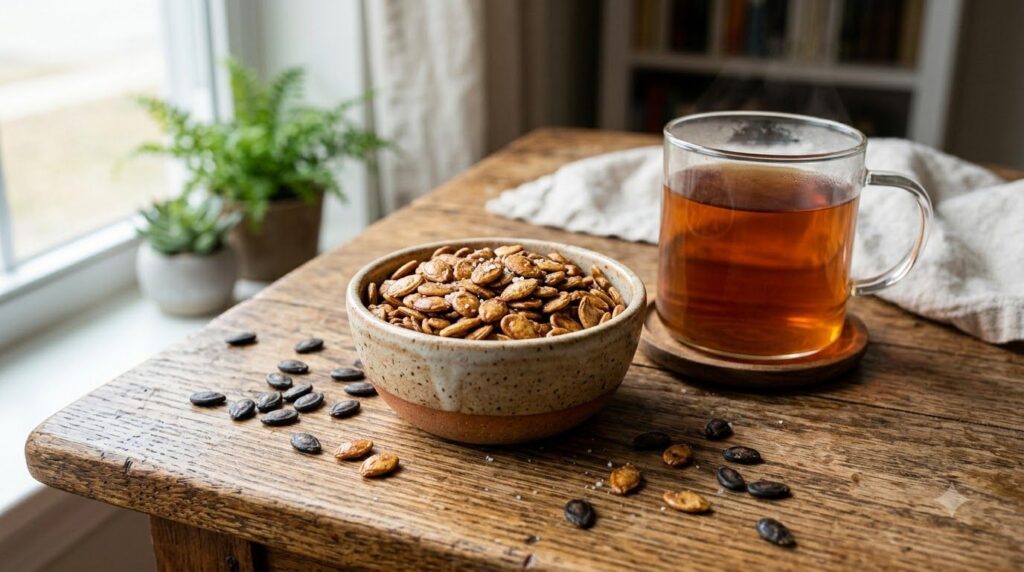 A small bowl of roasted salted watermelon seeds next to a clear glass of watermelon seed tea with a few raw seeds scatte