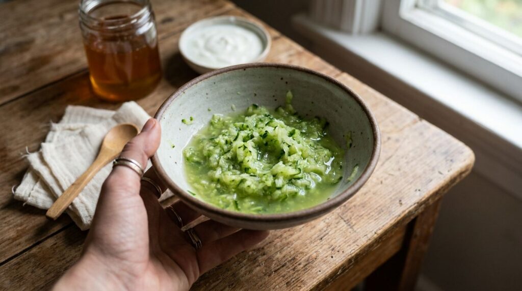 Close-up of a person s hand holding a freshly grated cucumber for a skin care recipe