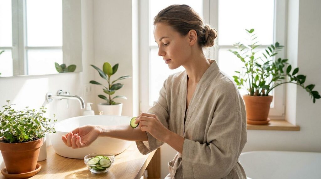 A woman gently rubbing a cucumber slice on her arm demonstrating a natural skin care routine