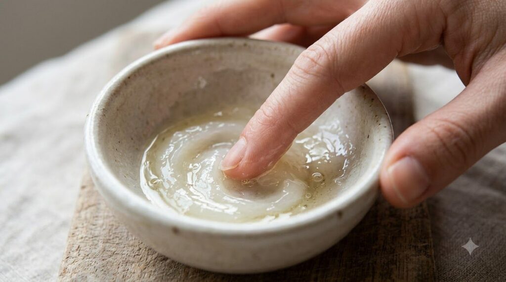 Close-up of a hand mixing Vaseline and baby oil in a small bowl with a fingertip showing the creamy texture forming