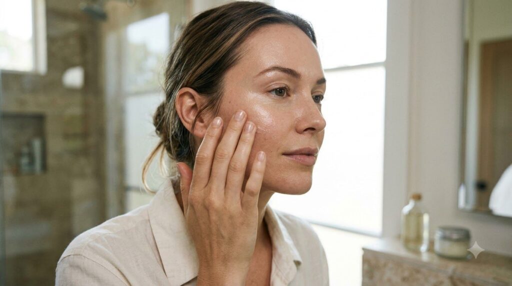 A woman gently dabbing the Vaseline and baby oil blend onto her cheekbone with her fingertips showing a subtle dewy fini