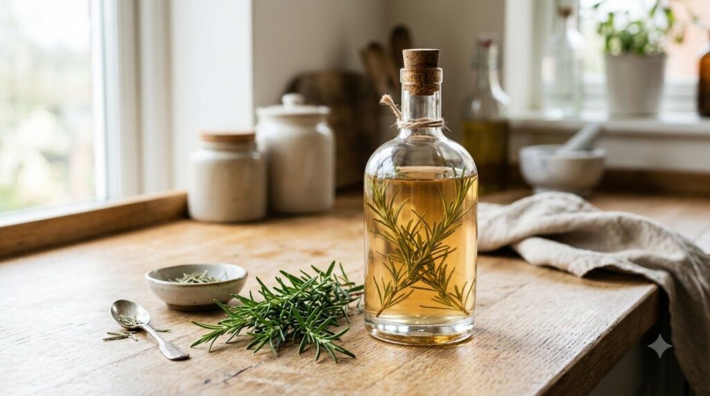 A glass bottle or jar filled with the clear pale amber rosemary infusion with some fresh rosemary sprigs placed next to 