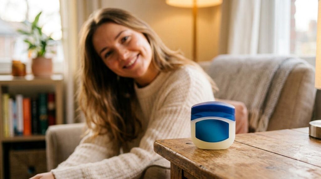 A small jar of petroleum jelly Vaseline with a glowing smooth-skinned woman in the soft-focus background suggesting glas