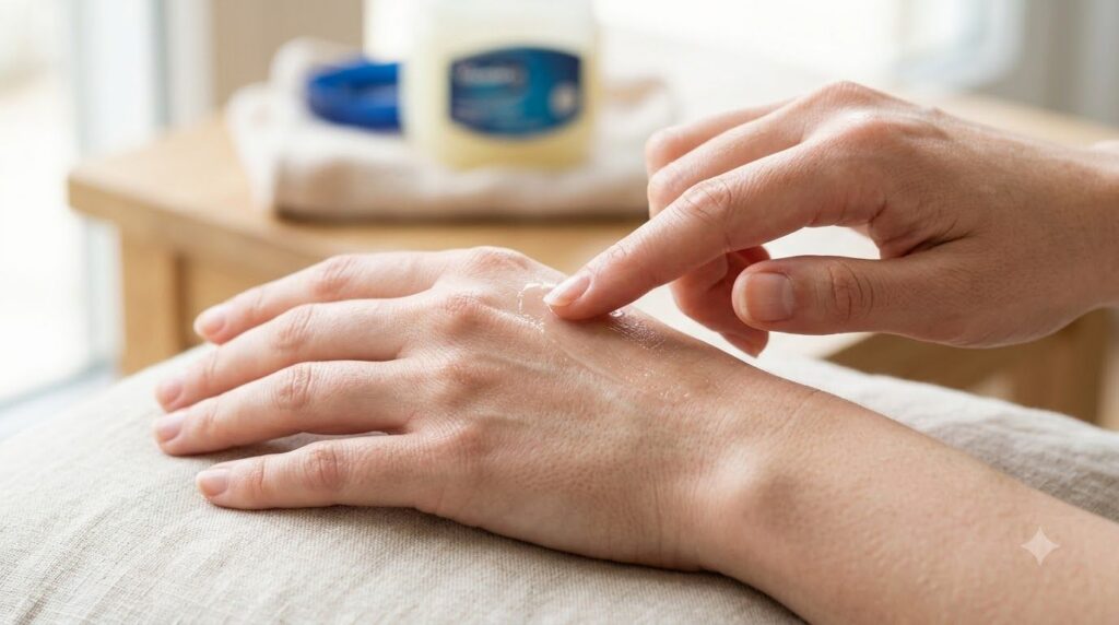 A hand demonstrating applying a thin layer of Vaseline to the back of the hand showing a smooth hydrated finish
