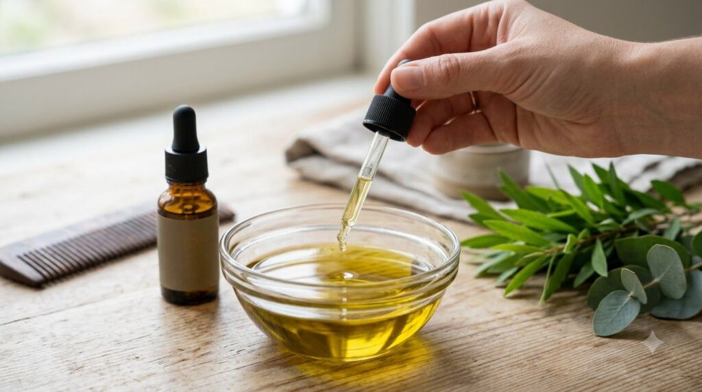 A close-up of a bowl containing olive oil and a dropper adding tea tree essential oil with a fine-toothed comb and fresh