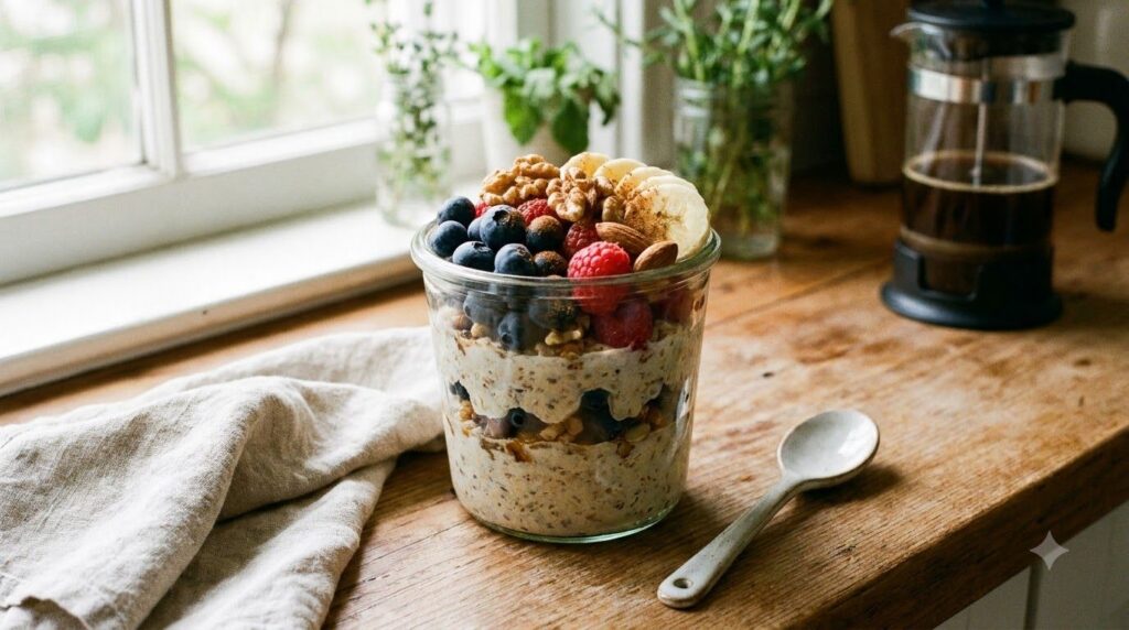 A beautifully arranged jar of overnight oats topped with fresh fruit nuts and a sprinkle of cinnamon sitting on a kitche