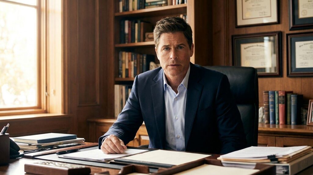 Rob Lowe in character as Sam Seaborn from The West Wing looking professional and earnest in a White House setting
