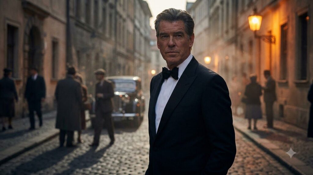 Pierce Brosnan as James Bond looking sophisticated in a tuxedo perhaps holding a Walther PPK against a dynamic or action