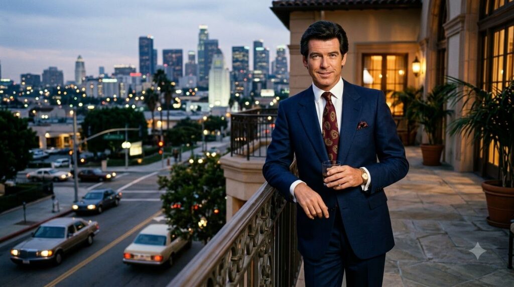 A promotional still from the TV show Remington Steele featuring a charming and suave Pierce Brosnan in a suit perhaps al
