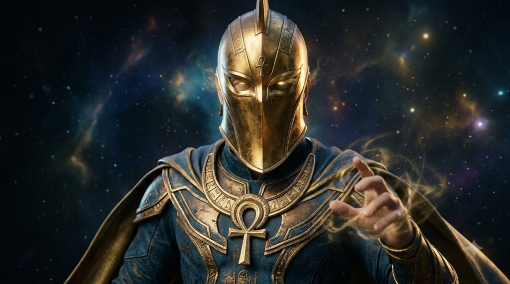 Pierce Brosnan as Doctor Fate from Black Adam wearing the golden Helmet of Fate looking powerful and mystical