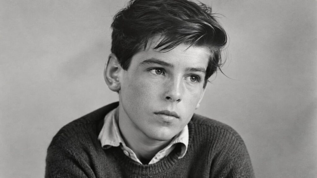 A black and white photograph of a young Pierce Brosnan as a boy looking a bit pensive possibly in a school uniform or si