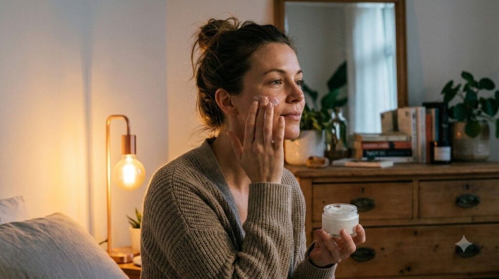 Woman gently applying the DIY collagen night gel to her face at night