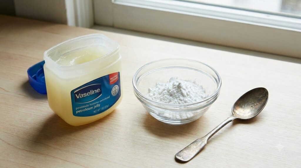 Ingredients for DIY collagen night gel laid out an open tub of petroleum jelly a bowl of cornstarch and a mixing spoon