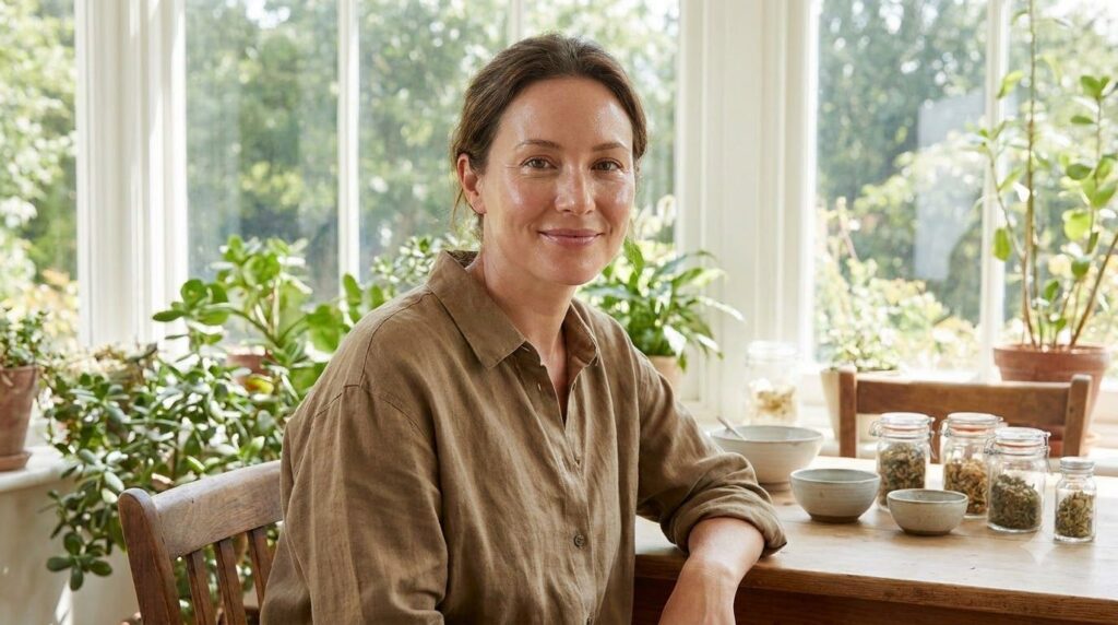 A woman smiling with clear glowing skin after using a natural face mask