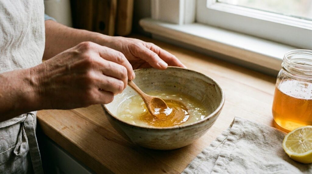 Hands mixing honey and lemon juice in a small bowl creating a face mask